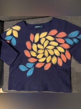 Navy Crewneck Sweater with Multicolor Petal Motif